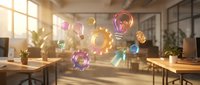 Colorful glowing geometric shapes floating in modern office workspace with natural sunlight, representing creativity, innovation, and digital transformation for business design projects.
