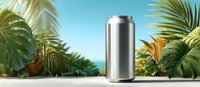 Blank aluminum beverage can mockup on tropical beach background with palm leaves and ocean view for summer drink advertising.