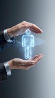 Businessman hands protecting glowing digital human figure with circuit board pattern, representing data security, innovation, and technology protection for business solutions.