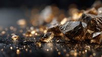Luxurious gold nuggets and dust scattered on dark textured surface with dramatic lighting creating warm bokeh effect. Perfect for luxury or wealth concepts.