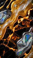 Abstract liquid gold and silver metallic flows over cracked black marble surface creating luxurious artistic composition for premium design projects.