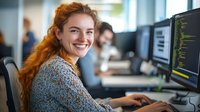 Young female software developer with red curly hair smiling at camera while working on code in modern office environment.