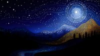 Mystical night landscape with glowing moon, starry sky, and mountain silhouettes decorated with intricate dotwork pattern creating magical atmosphere.