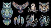 Ornate owl collection featuring detailed birds with decorative patterns, feathers, and botanical elements isolated on transparent background. Ready for t-shirt design, clipart, stickers, sublimation, and print-on-demand projects.