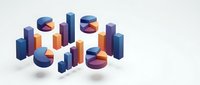 Isometric business charts and graphs with pie charts and bar graphs in blue and orange colors for data visualization and financial reports.