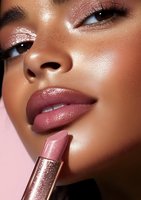 Close-up beauty portrait of African American woman with glowing skin, freckles, and glossy mauve lipstick against pink background, showcasing luxury cosmetics.