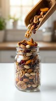 Mixed nuts and dried fruits pouring from wooden scoop into glass jar. Use for healthy snacking, nutrition, wellness, and food storage content.