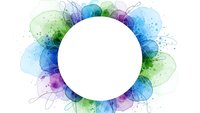 Watercolor floral frame with vibrant blue, green and purple petals surrounding white circle space for text or logo design on transparent background.