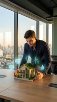 Young male professional examining sustainable house model with renewable energy icons in modern office with city skyline view, representing green building technology and eco-friendly development solutions.
