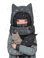 Asian girl wearing cat ear hood and scarf holding gray cat in winter snow, anime style illustration with soft color palette and delicate line art. Cozy winter mood.
