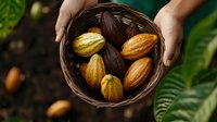 Fresh ripe cocoa pods in woven basket held by farmer hands against blurred tropical plantation background, organic chocolate production process.
