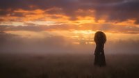 Silhouette of woman standing in misty field during dramatic sunset with golden orange clouds creating peaceful contemplative mood for wellness content.