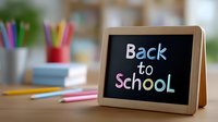 Back to school message written in colorful chalk on small blackboard with blurred classroom supplies and pencils in background, education concept.
