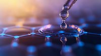 Water drop falling creating ripple effect on reflective surface with blue and orange light, macro photography capturing liquid dynamics and surface tension in artistic composition.