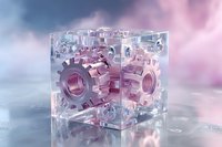 Transparent cube with metallic gears inside against dreamy pink and blue clouds background, symbolizing mechanical innovation and business solutions.