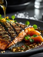 Grilled salmon fillet with honey soy glaze drizzle, garnished with microgreens on black plate. Close-up of flaky fish texture and caramelized surface in moody lighting.