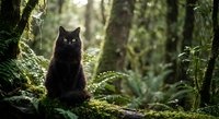 Black cat sitting on moss-covered log in enchanted forest with ferns and dappled sunlight filtering through trees creating magical woodland atmosphere.