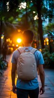 Young man with backpack walking on path at sunset, golden hour bokeh lights through trees create magical atmosphere. Peaceful evening park scene.
