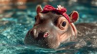 Baby hippo with pink flower crown peeking above turquoise water surface, showing adorable eyes and wet snout in close-up wildlife photography.