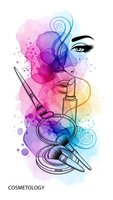 Watercolor cosmetics composition with female eye, lipstick, makeup brush and powder compact in vibrant rainbow splashes for beauty industry branding.