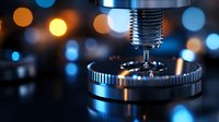 Close-up of precision CNC milling machine spindle with cutting tool creating metal shavings during manufacturing process with colorful bokeh lights background.