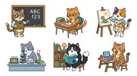 Cartoon cats engaged in educational activities including teaching, studying, reading, painting and using computers, isolated on white background for design projects.