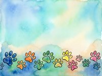 Watercolor paw prints in rainbow colors arranged in a row on soft gradient background, isolated on white. Suitable for pet-related designs, greeting cards, and apparel.