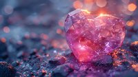 Glowing pink crystal heart on dark textured surface with magical bokeh lights and sparkles creates romantic mystical atmosphere. Suitable for Valentine designs.