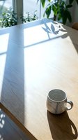 Ceramic mug on wooden table with natural sunlight casting leaf shadows from window plants, bright minimalist workspace with greenery in background.