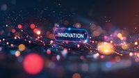 Glowing innovation text with colorful bokeh lights and connected dots on dark background, futuristic digital network concept for business technology.