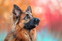 German Shepherd dog with alert expression against blurred colorful autumn background, side profile portrait showing distinctive pointed ears and noble facial features.