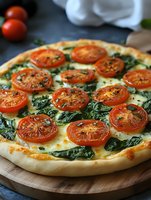Homemade pizza topped with fresh tomato slices, spinach, and melted cheese on wooden board. Perfect for food photography, restaurant menus, cooking blogs, and culinary content.