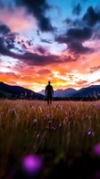 Silhouette of person standing in wildflower meadow at sunset with dramatic orange and purple sky, mountain peaks in background, peaceful contemplative moment.