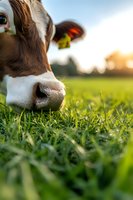 Close-up of brown and white cow nose grazing on fresh green grass at sunset, with ear tag visible and bokeh background, showcasing organic farming and agriculture.