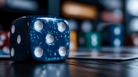 Close-up view of blue gaming dice with white dots on dark reflective surface against blurred background, showing depth of field and selective focus in casino setting.