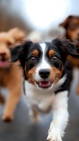 Smiling Australian Shepherd mix dog with tricolor coat and bright brown eyes looking directly at camera. Close-up portrait showing happy expression and distinctive markings.