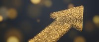 Golden arrow pointing upward made of glitter particles on dark blurred background with bokeh lights, symbolizing growth, success, and financial progress for business concepts.