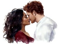 Romantic interracial couple in intimate embrace, African American woman and Caucasian man sharing tender moment, watercolor style painting on white background.