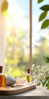 Aromatherapy essential oils in glass bottles with healing crystals and delicate white flowers on wooden tray by window, soft natural sunlight background.