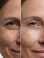 Before and after comparison showing facial skin rejuvenation results with reduced wrinkles and improved texture around eyes and smile lines.