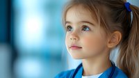 Young girl with blue eyes and blonde ponytail wearing blue top gazes upward with hopeful expression against soft blurred background, natural window lighting creates gentle atmosphere.