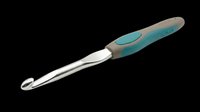 Crochet hook with teal and gray ergonomic handle and silver metal tip, isolated on transparent background, ready for crafting clipart, stickers, and print on demand designs.