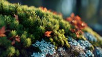 Vibrant moss and lichen growing on rock surface in forest, creating natural texture with green, orange, and blue colors in macro photography.