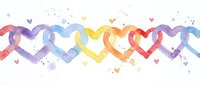 Watercolor rainbow hearts border with paint splatters on white background. Colorful romantic design element for Valentine's Day cards and love-themed projects.