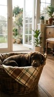 Chocolate labrador puppy sleeping peacefully in wicker basket with plaid blanket by sunny window in cozy home interior with plants and natural light.