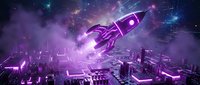 Neon rocket launching over futuristic cityscape with glowing purple and cyan lights, digital technology concept for innovation, startup, and business growth themes.