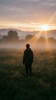 Silhouette of man standing in misty field during golden hour sunrise with dramatic sky and mountain landscape creating peaceful solitude scene for wellness content.