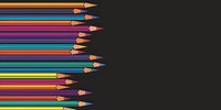 Colorful wooden pencils arranged in irregular rows against dark background, creating dynamic composition with negative space for text placement.