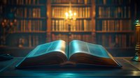 Open ancient book with glowing pages in dark library interior, mysterious light illuminating text against backdrop of wooden bookshelves and chandelier.