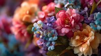 Vibrant floral arrangement with pink dahlias and blue hydrangeas in soft focus creating dreamy botanical composition for wedding decor and spring designs.